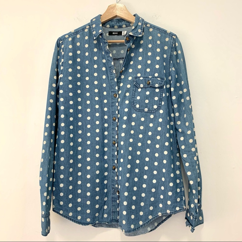 BDG Women’s Button Down Polka Dot Shirt Blue Chambray